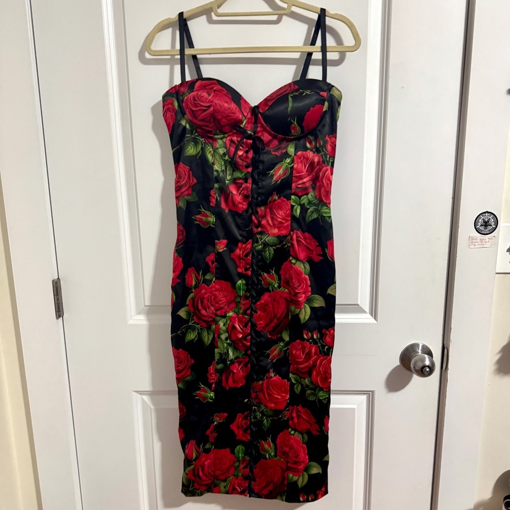 Black and red rose Sugar Thrillz midi dress